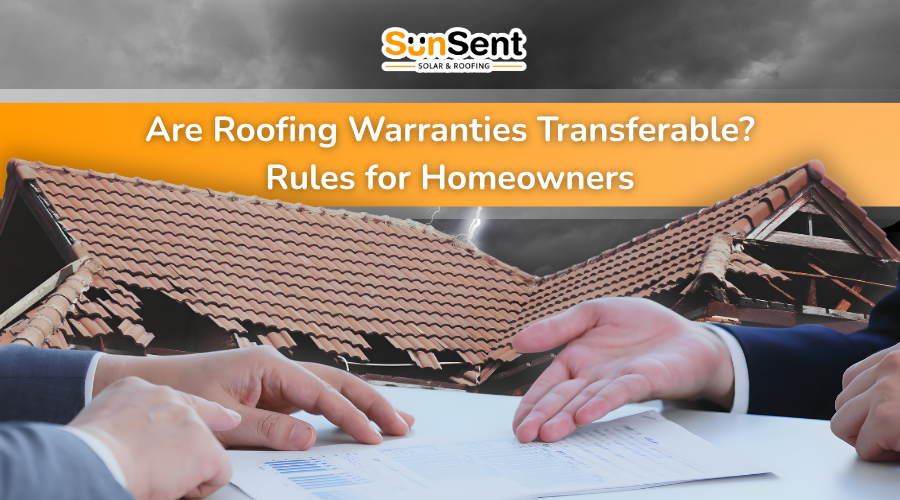 Roofing warranty transfer rules for homeowners: two people reviewing warranty documents beside a damaged tile roof, SunSent Solar & Roofing