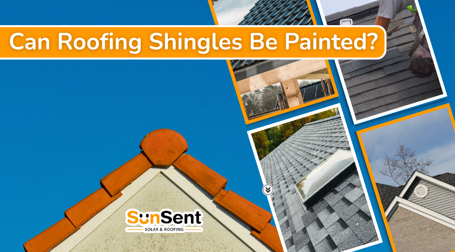 Collage of residential roofing shingles with headline “Can Roofing Shingles Be Painted?” highlighting roof painting considerations and roof replacement alternatives.