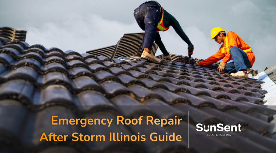 Roofers performing emergency roof repair after storm damage in Illinois on residential home.
