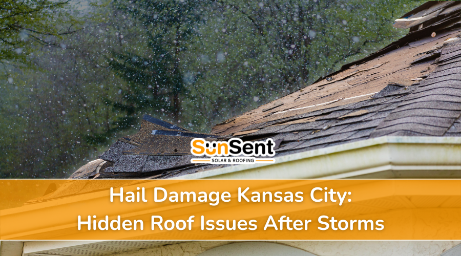 Hail damage Kansas City roof with broken shingles and storm impact visible on residential home.