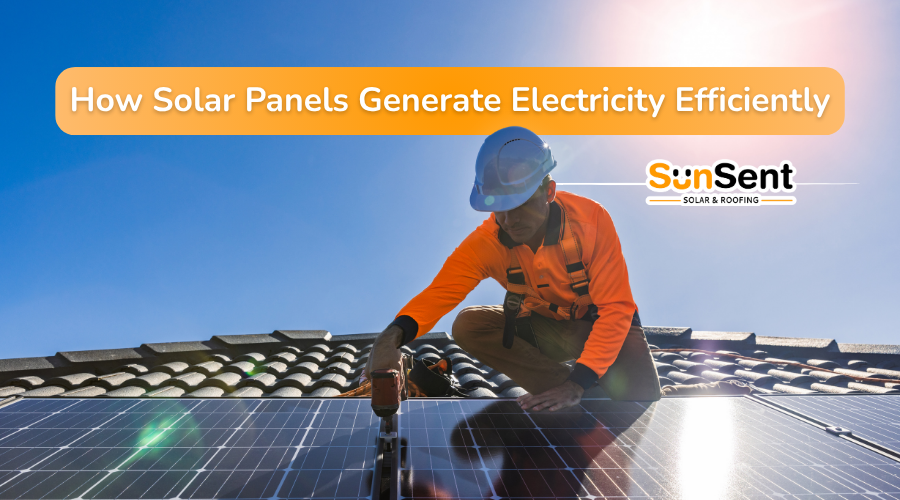 Technician installing solar panels on a residential roof showing how solar panels generate electricity efficiently.