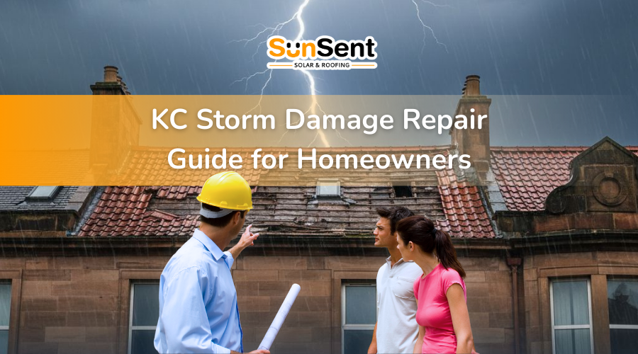 KC storm damage repair with contractor inspecting damaged roof after lightning storm
