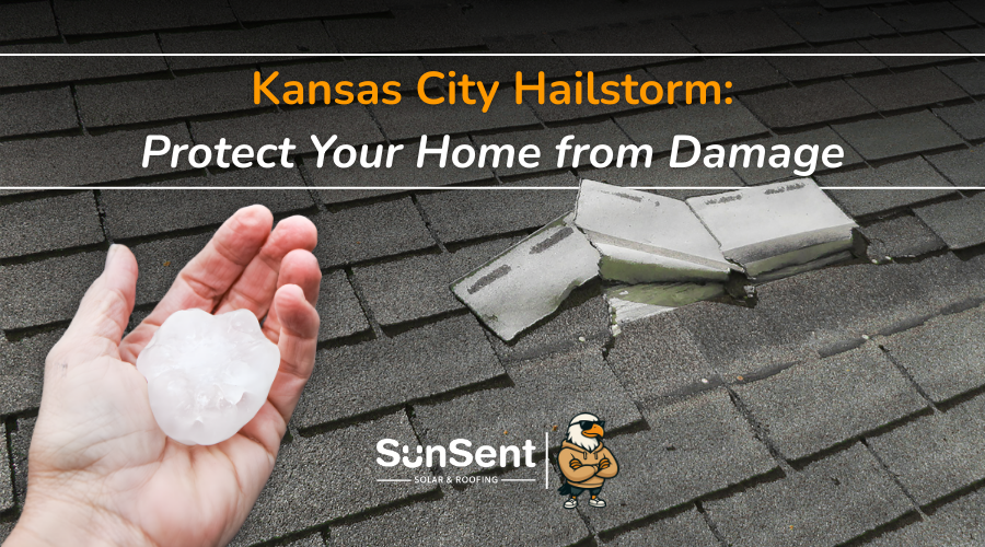 Kansas City hailstorm damage with large hailstone in hand and broken roof shingles