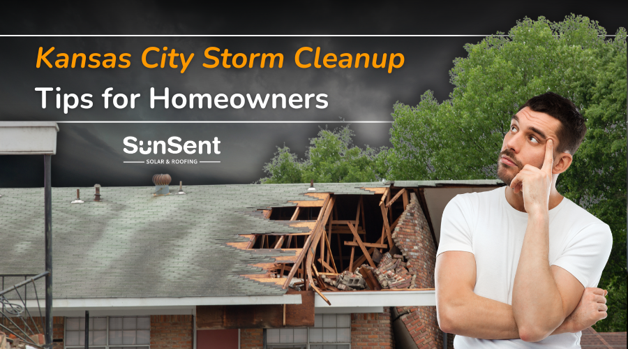 Kansas City storm cleanup after severe weather with damaged roof and homeowner assessing storm damage.