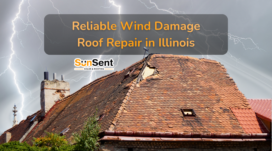 Severely wind-damaged roof in Illinois with missing shingles during storm, highlighting need for roof repair