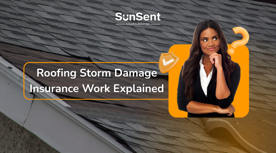 Roofing storm damage with missing shingles and homeowner reviewing insurance work options for roof repair.