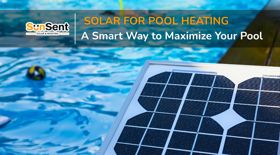 Solar panel used for pool heating beside swimming pool water showing solar for pool heating system.
