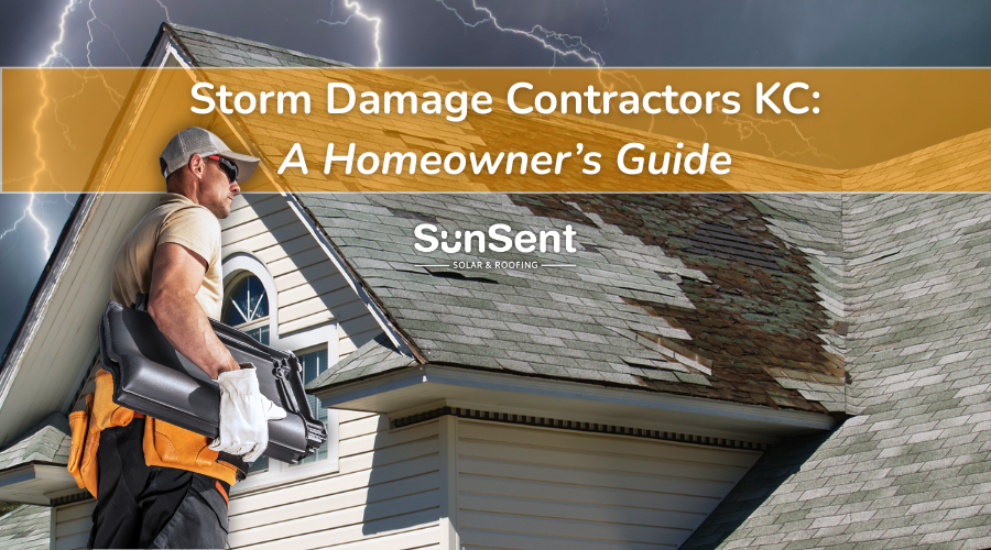 storm damage contractors KC inspecting roof with missing shingles after severe storm and lightning