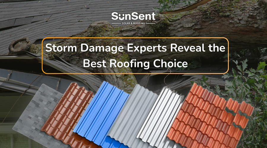 Storm-damaged roof with fallen tree and multiple roofing material options illustrating the best roofing choice for solar and durability.