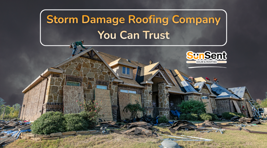 storm damage roofing company repairing residential roof after severe storm with visible debris and damage
