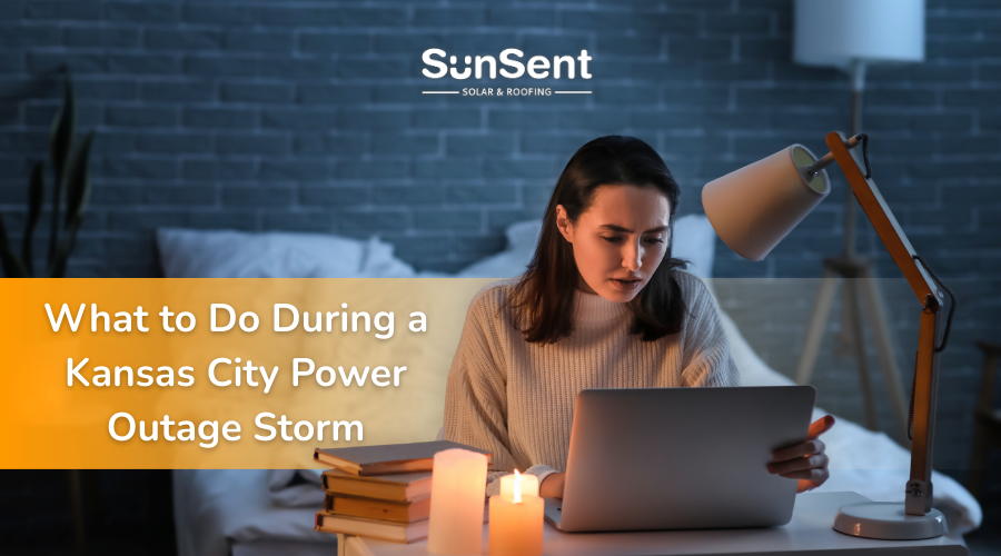 Kansas City power outage storm with homeowner using laptop by candlelight during blackout.
