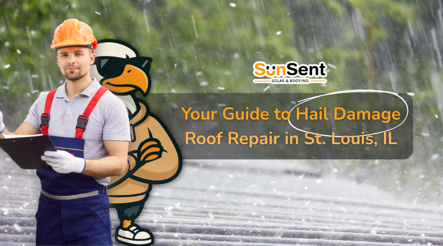 Roof inspector assessing hail damage on residential roof in St. Louis IL during storm conditions.