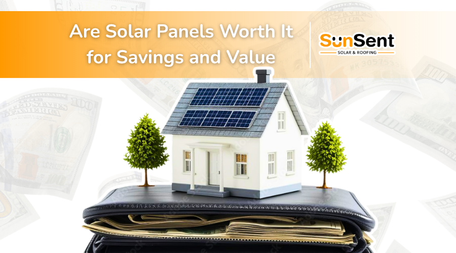 Model house with rooftop solar panels on wallet symbolizing solar savings and long-term value.