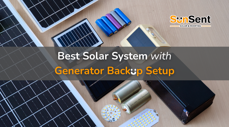 Best solar system with generator backup setup showing solar panels, batteries, and portable generator components.