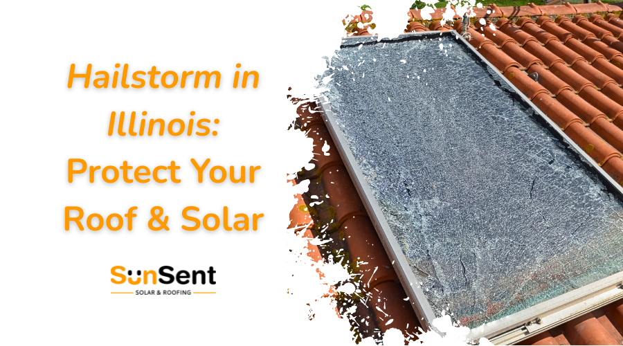 Hailstorm in Illinois damaging roof with cracked skylight, highlighting need for solar and roofing protection by Sunsent.