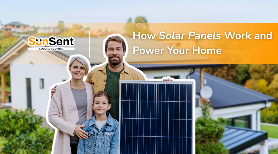Family standing with solar panel in front of a home showing how solar panels work to power residential houses.