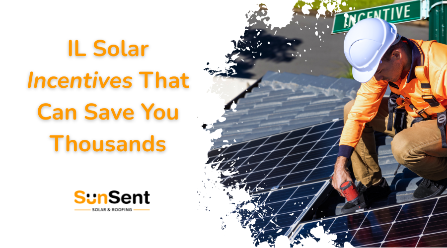 Sunsent Solar & Roofing technician installing solar panels on a rooftop with an Incentive street sign in the background.