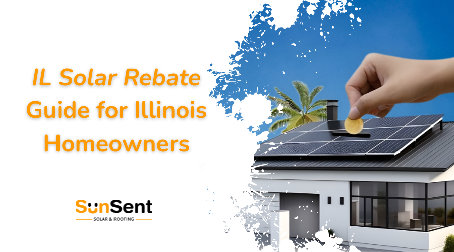 IL Solar Rebate Guide for Illinois Homeowners banner showing SunSent solar home rooftop panels and rebate savings concept.