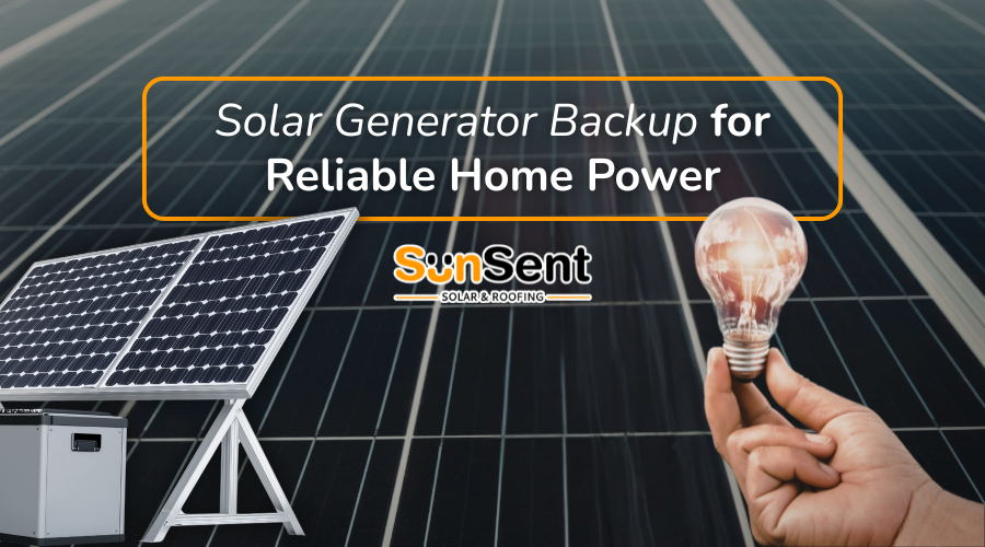 Solar generator backup system with solar panels and battery unit powering a light bulb for home energy by Sunsent.