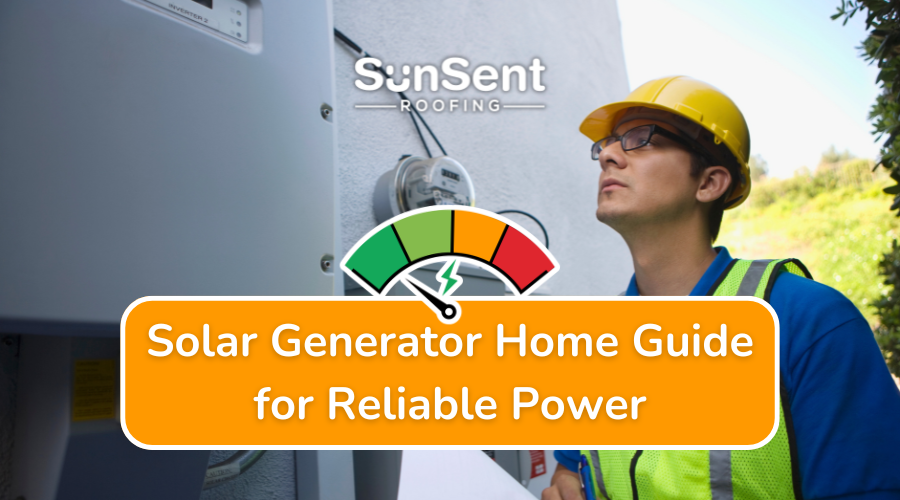 Solar generator home system installation with technician inspecting inverter and Sunsent solar roofing services.