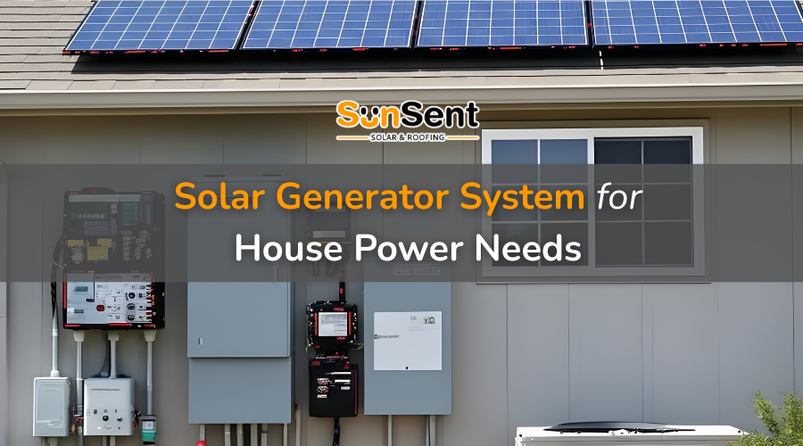 Solar generator system for house power needs with rooftop solar panels and backup power equipment installed on exterior wall.