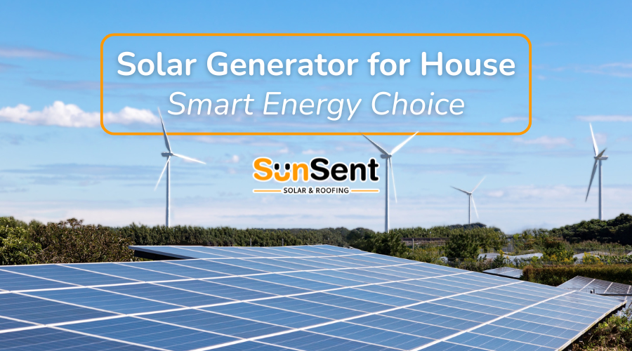 Solar generator for house with rooftop solar panels and wind turbines in the background by Sunsent.