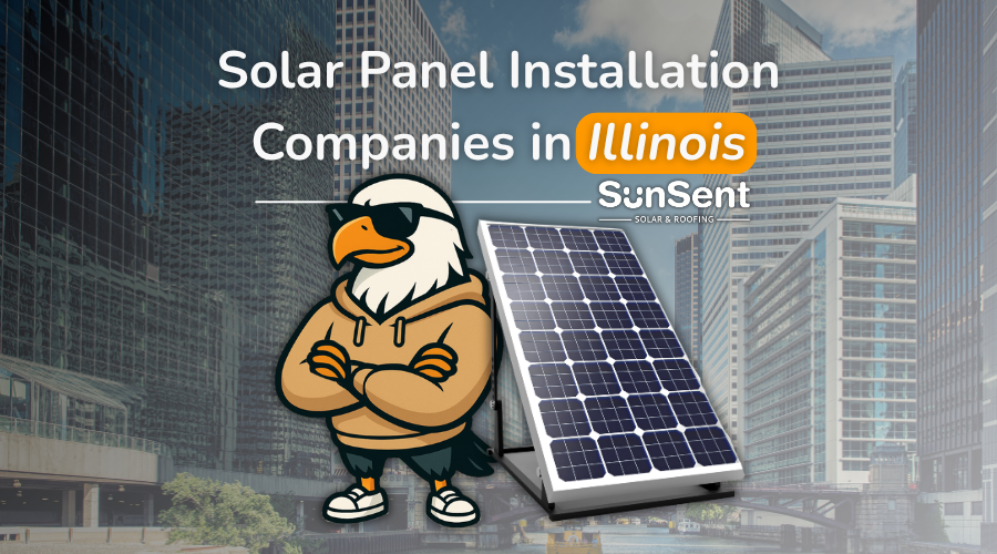 Solar panel installation companies in Illinois with solar panel display and city skyline background.