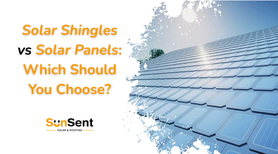 olar shingles installed on a residential rooftop gleaming under bright sunlight with the SunSent Solar & Roofing logo and blog title.