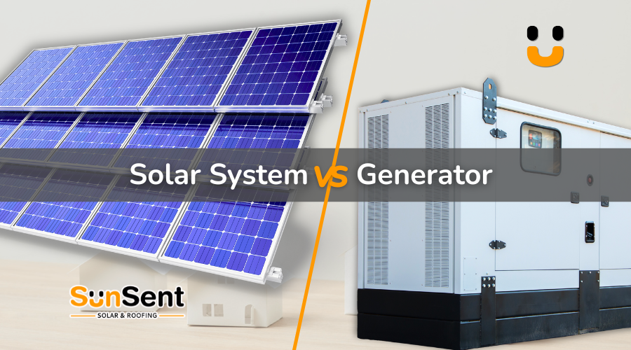 Solar system vs generator comparison showing solar panels on one side and standby generator unit on the other.