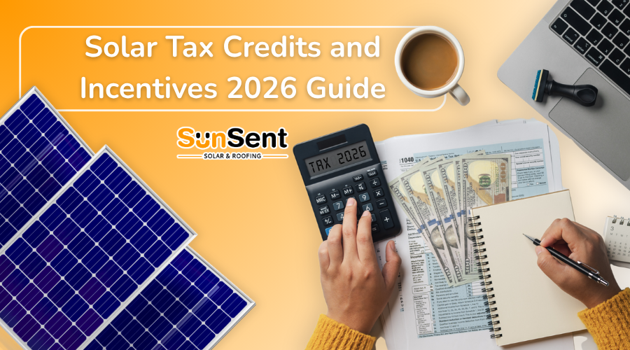 Solar tax credits and incentives 2026 guide with calculator, tax forms, cash savings, and solar panels by Sunsent.