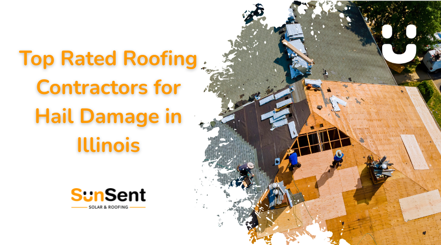 Top rated roofing contractors for hail damage in Illinois repairing residential roof with Sunsent solar and roofing services.