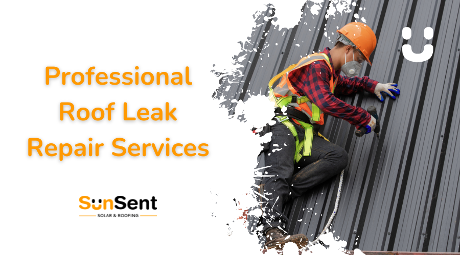 Roofing technician performing professional roof leak repair services on a metal roof for Sunsent Solar & Roofing.