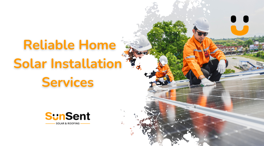 Technicians performing a home solar installation on a residential rooftop for Sunsent Solar & Roofing.