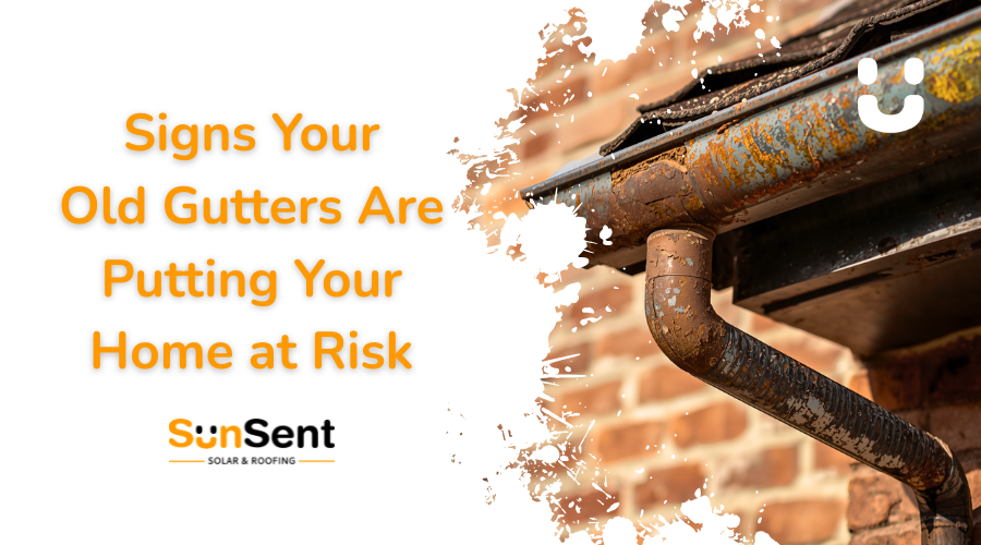 Rusty and deteriorating residential gutters showing signs of wear and water damage risk on a home exterior by SunSent Solar & Roofing.