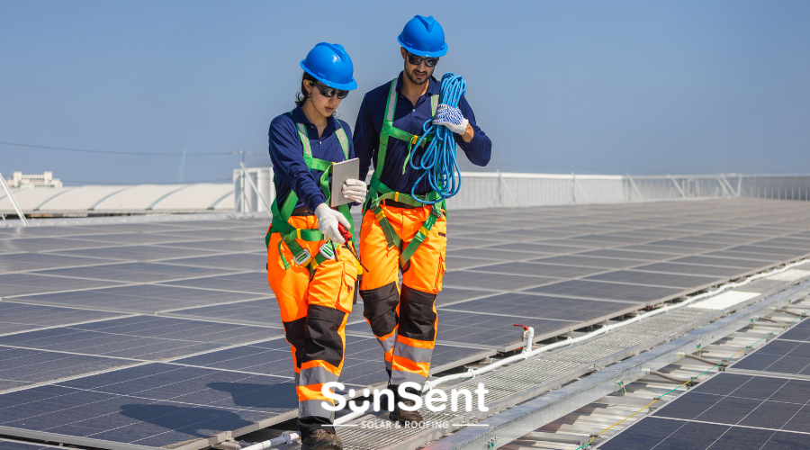 Two SunSent solar installation technicians wearing safety gear inspect rooftop solar panels, ensuring professional installation and quality workmanship.
