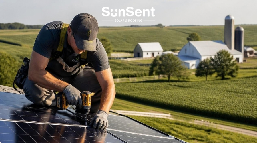 Solar panel installation on a Midwest farmhouse roof by a SunSent Solar and Roofing technician
