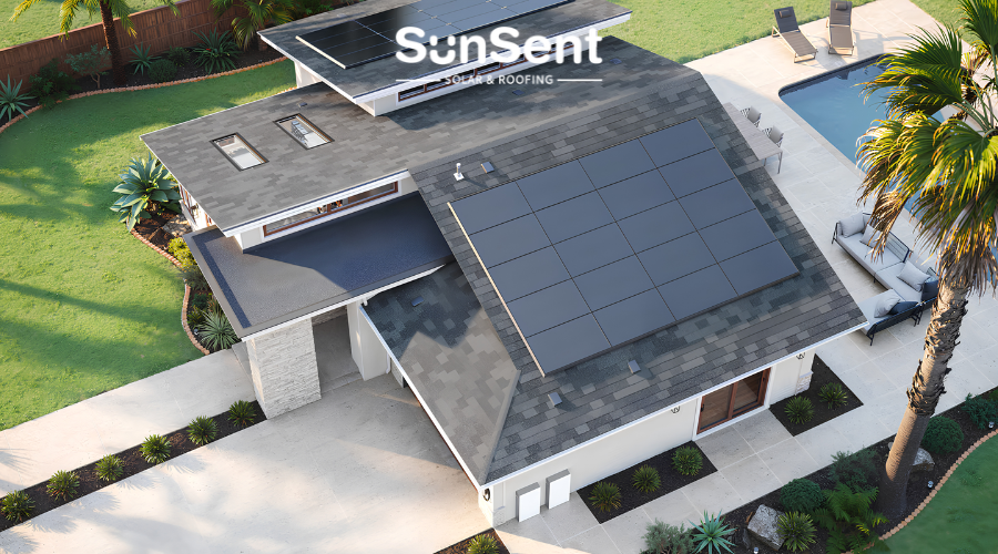 Aerial view of a modern home with Tesla solar panels installed on the roof, a pool, and landscaped backyard, featuring SunSent Solar & Roofing branding.